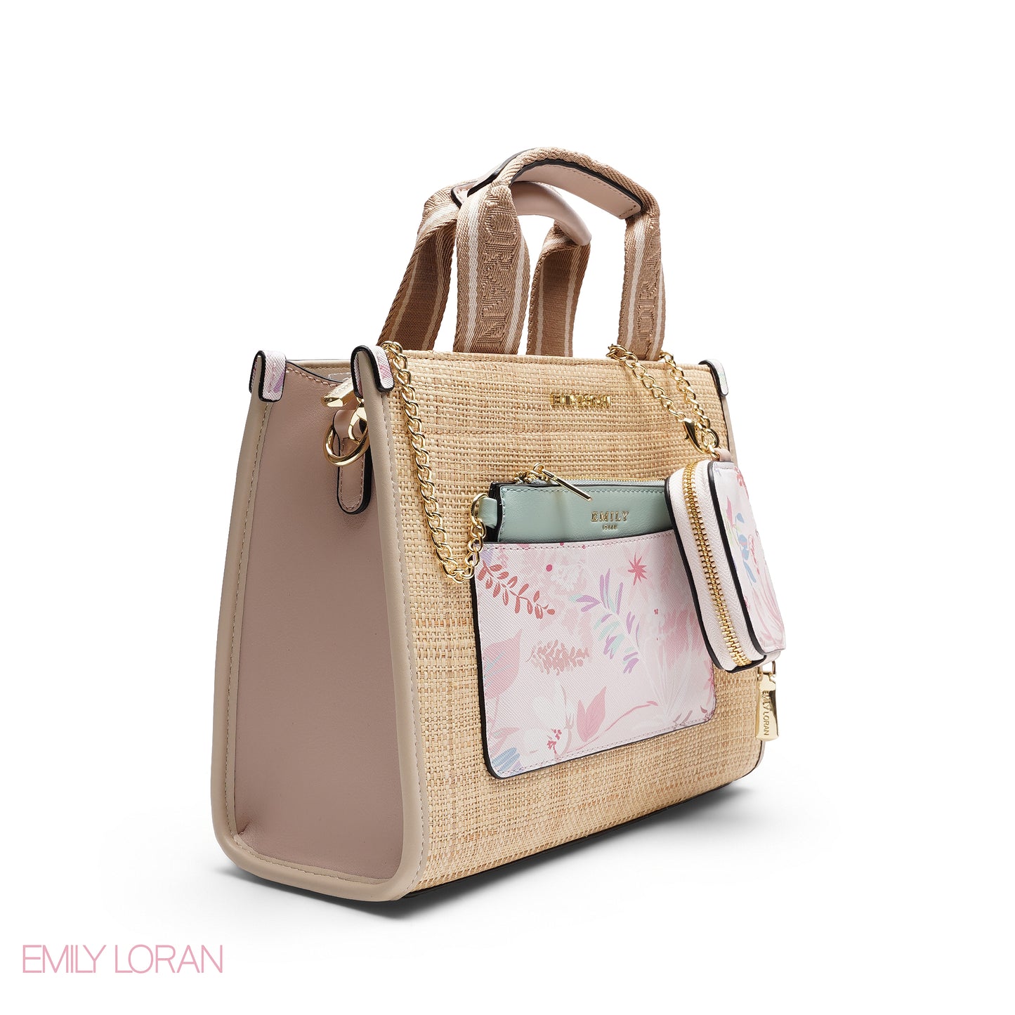 STRUCTURED BAG WITH BRANDED HANDLES AND FLORAL POUCH