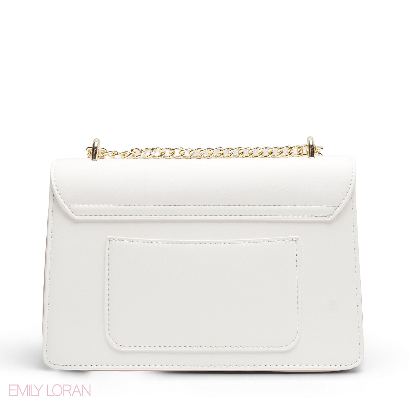 EMILY LORAN WHITE METALLIC LOGO FLAP BAG