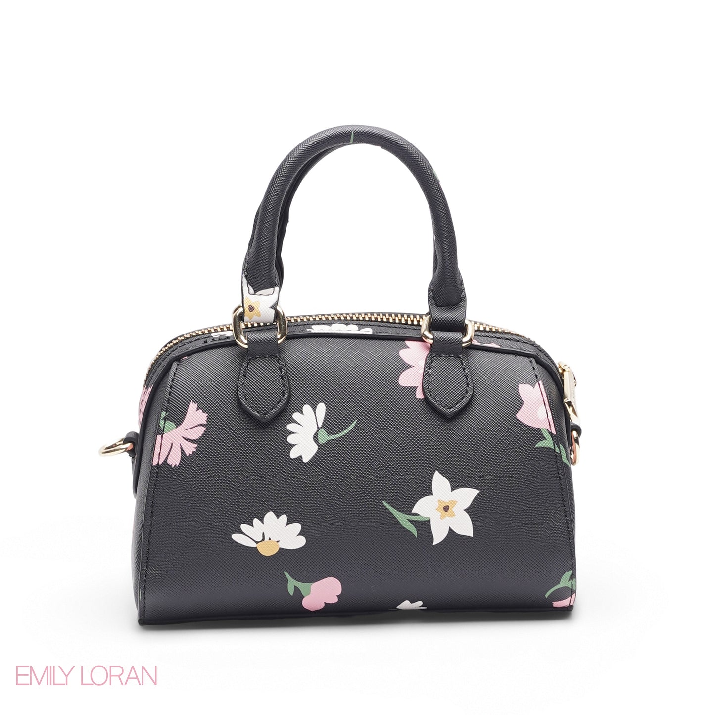 MINI BLACK FLORAL BAG WITH FRONT POUCH & GOLD METAL STRAP
