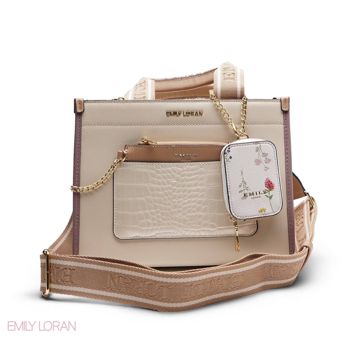 STRUCTURED BAG WITH BRANDED HANDLES AND FLORAL POUCH
