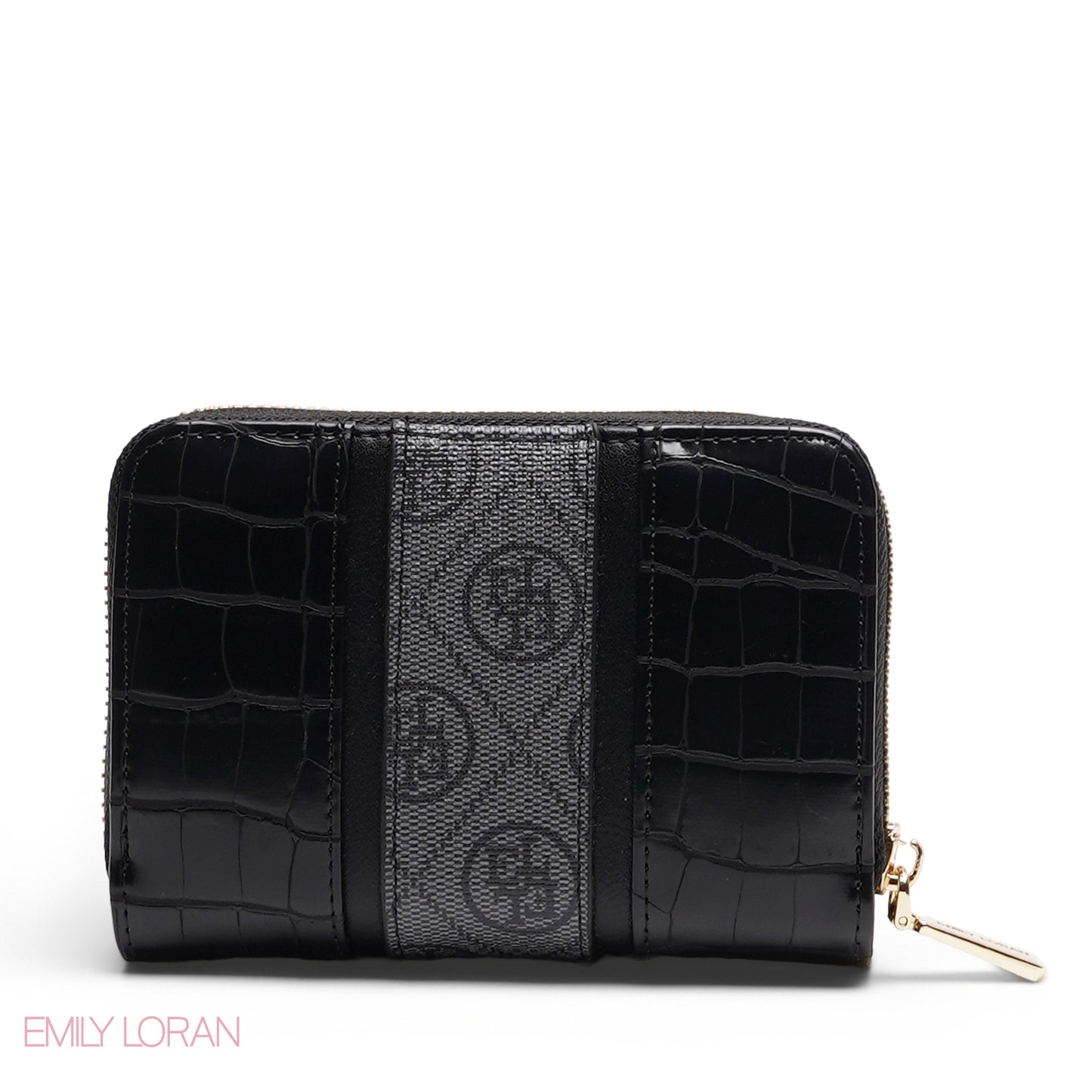 BLACK TRIM EMBOSSED ZIP-AROUND WALLET