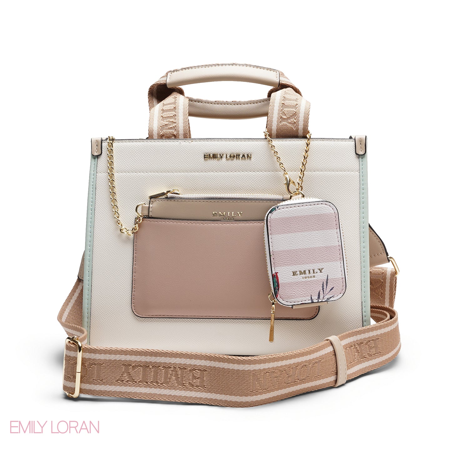 STRUCTURED BAG WITH BRANDED HANDLES AND STRIPPED POUCH