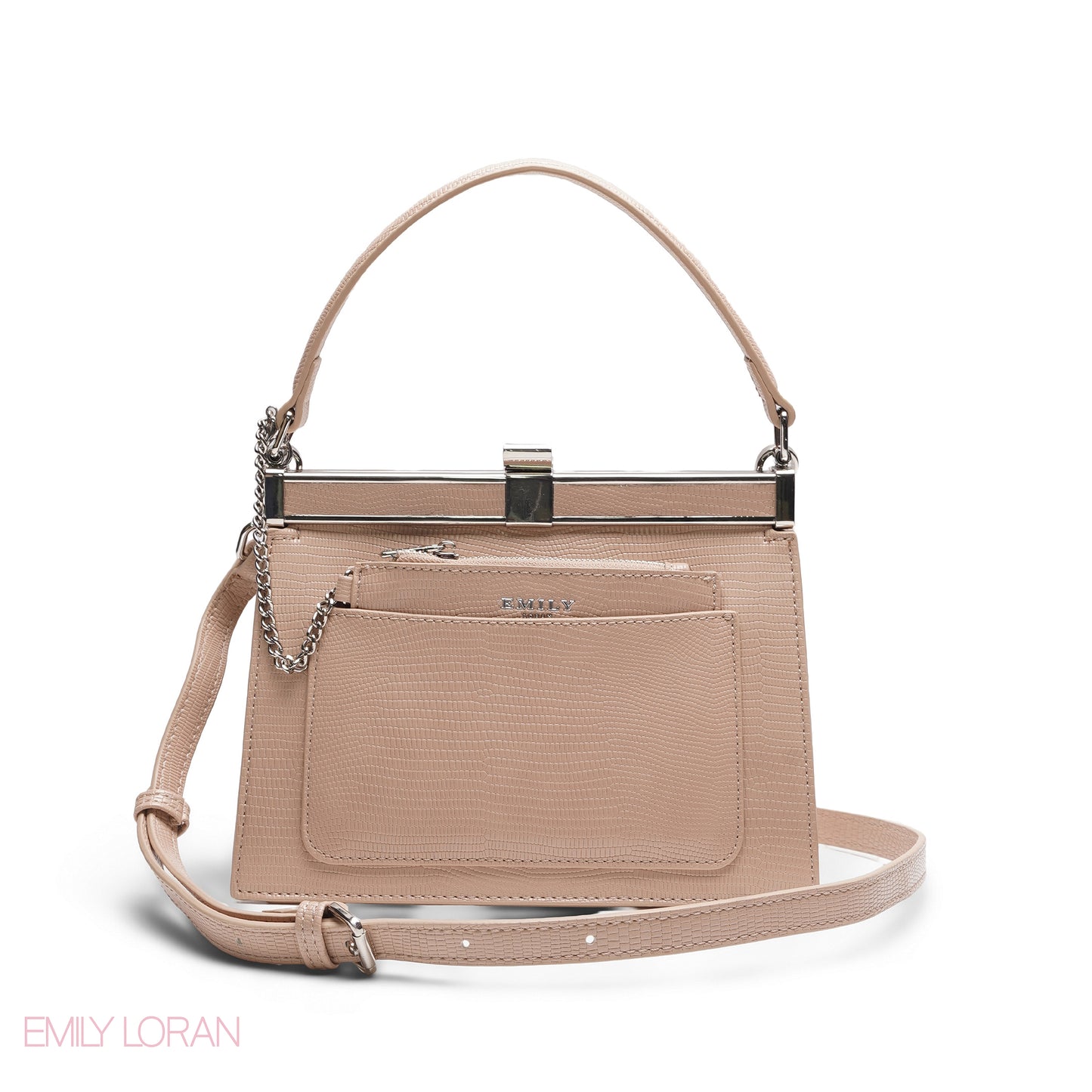 EMILY SOLID BEIGE TEXTURED FRAME BAG WITH MINI POUCH - MED
