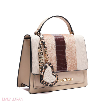 ELEGANT MIXED TEXTURE TOP HANDLE BAG WITH HEART CHARM - MEDIUM