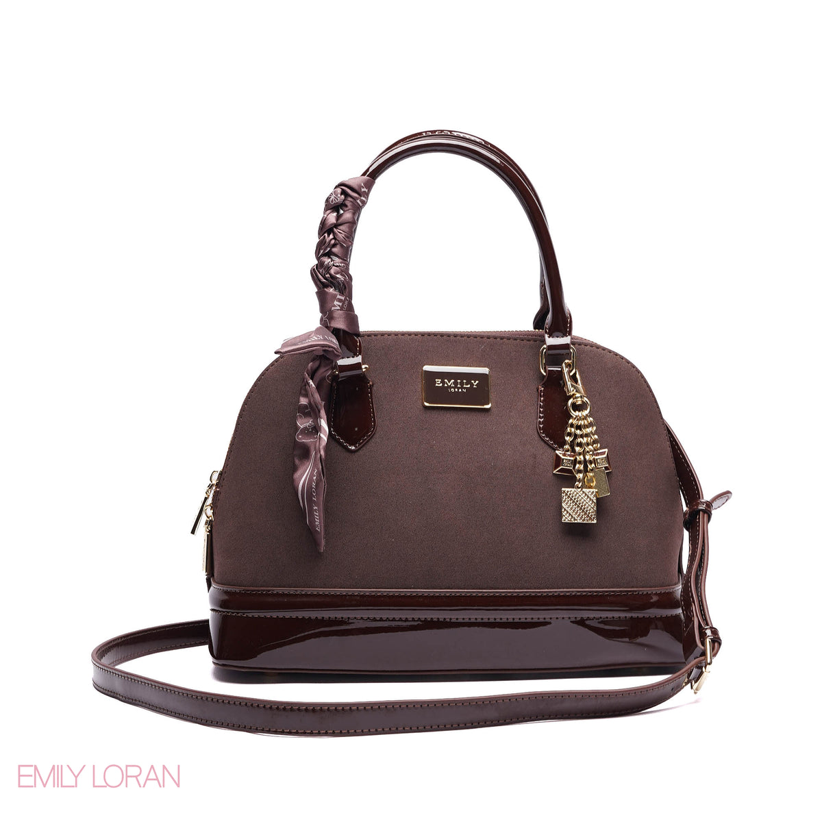 ROUNDED HANDBAG SHINE LEATHER WITH GOLD CHAIN AND SCARF - LARGE