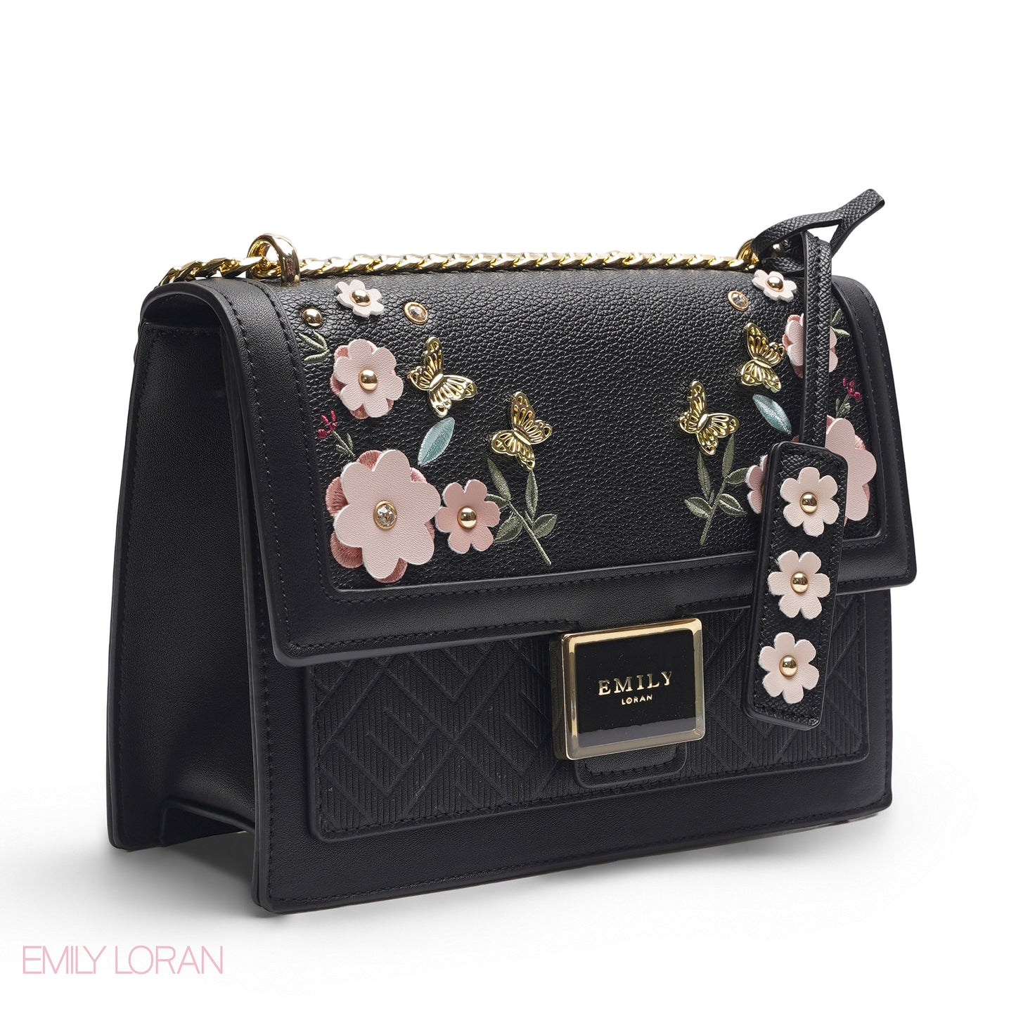 EMILY 3D FLORAL APPLIQUÉ CROSSBODY BAG - SOLID BLACK