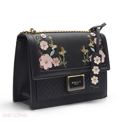 EMILY 3D FLORAL APPLIQUÉ CROSSBODY BAG - SOLID BLACK