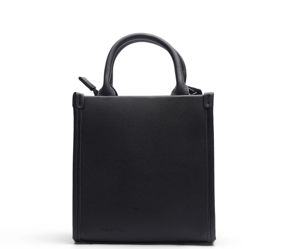 BLACK EMBOSSED LOGO TOP HANDLE TOTE BAG