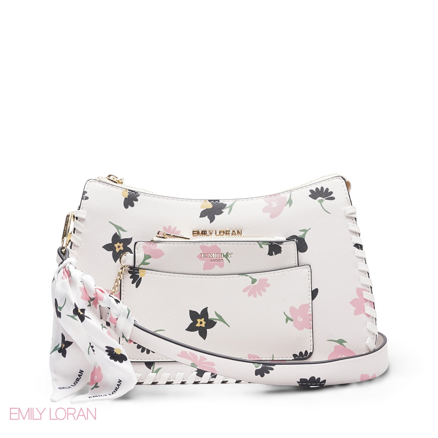 WHITE FLORAL BAG WITH HAND STRAP - MED