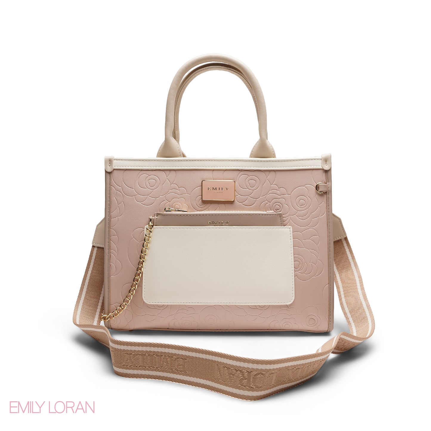 EMBOSSED ROSE TOTE WITH BRANDED STRAP BAG