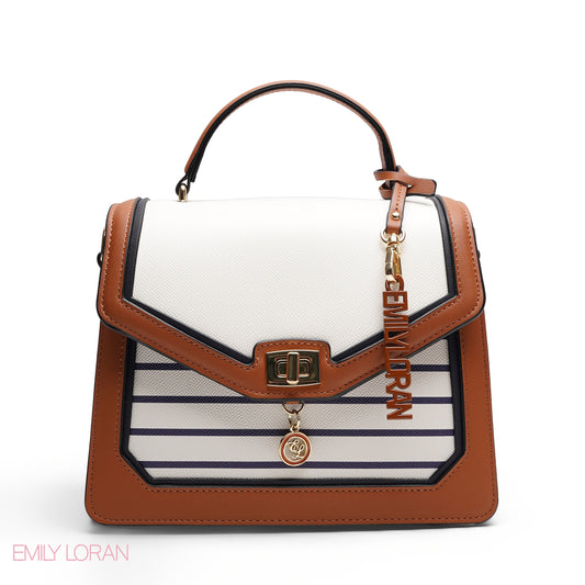 CHIC STRIPPED SATCHEL WITH SIGNATURE LOGO CHARM BAG