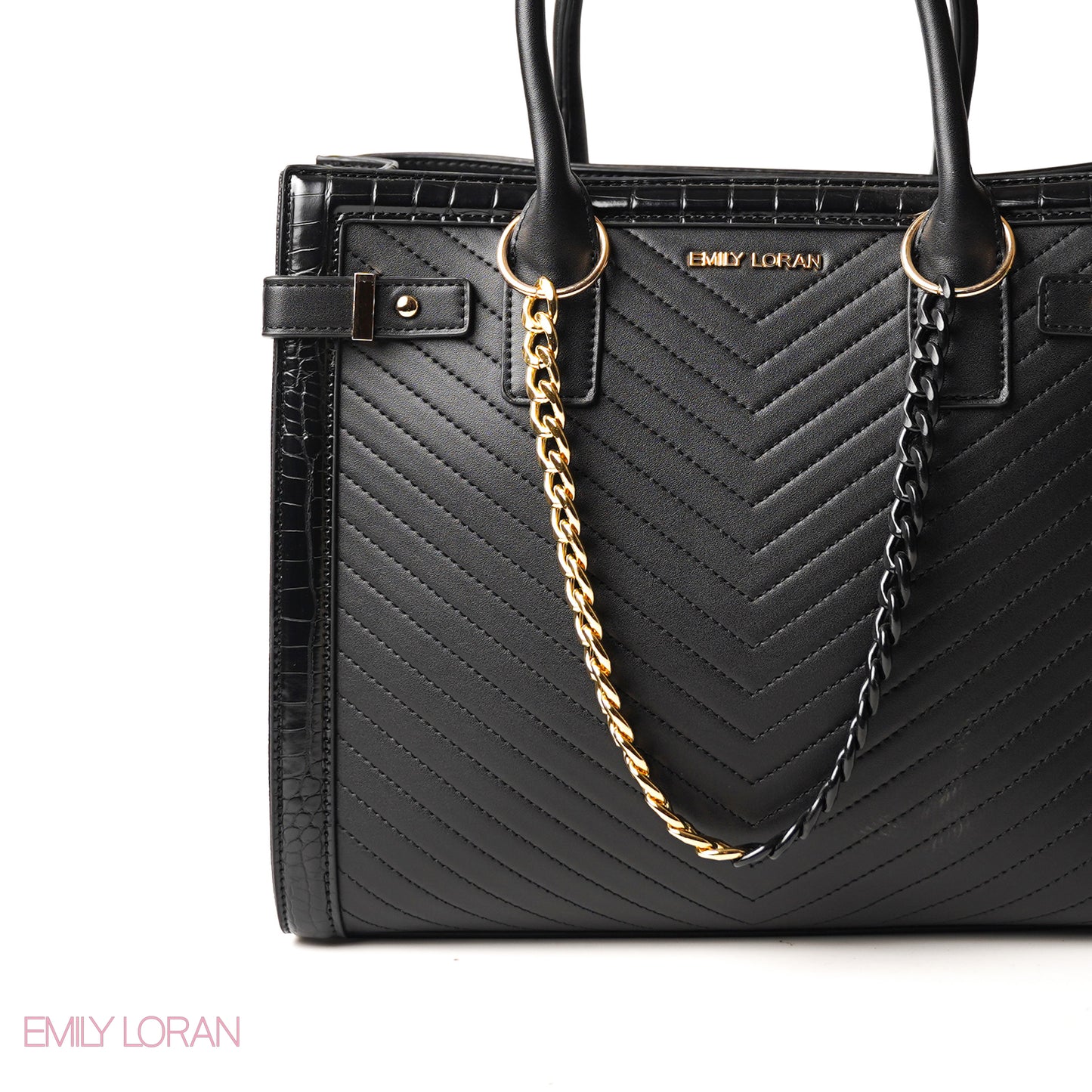 BLACK SQUARED HAND BAG WITH SIMPLE BUFF DETAIL - LARGE