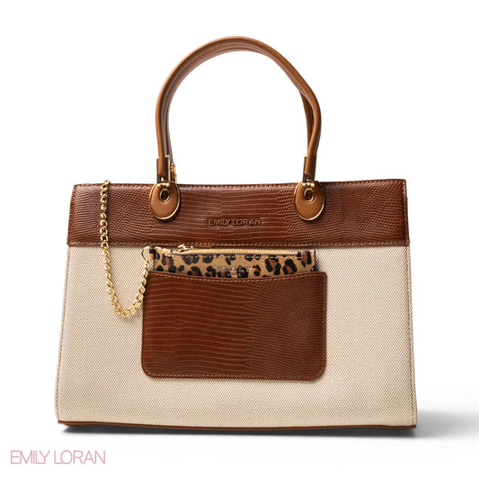 BROWN LEATHER SMOOTH HANDBAG WITH CROC DETAILS-LARGE