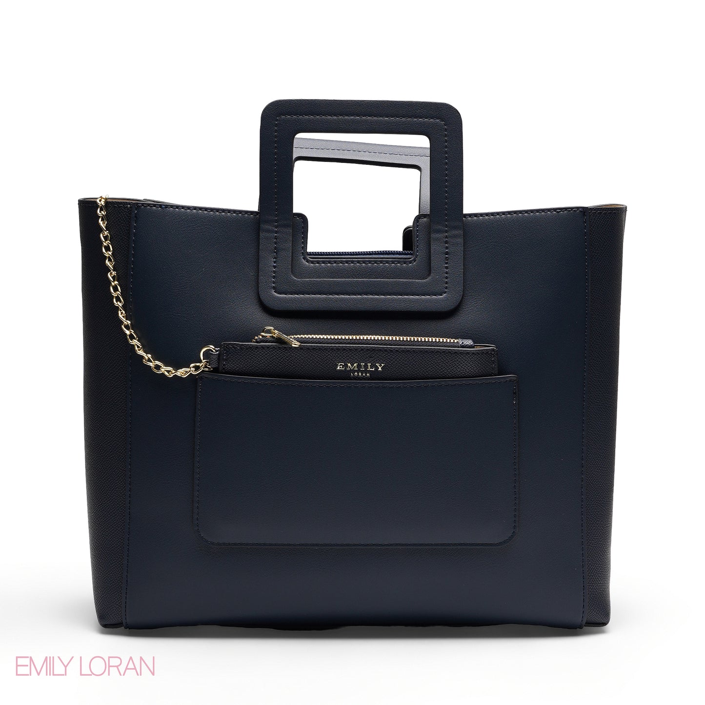 NAVY TEXTURED LEATHER TOTE AND STRIPED POUCH BAG