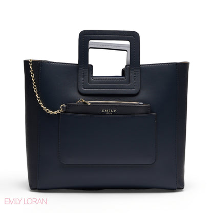 NAVY TEXTURED LEATHER TOTE AND STRIPED POUCH BAG