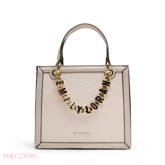 ELEGANT EMBOSSED SQUARE TOTE WITH BRANDED CHAIN BAG