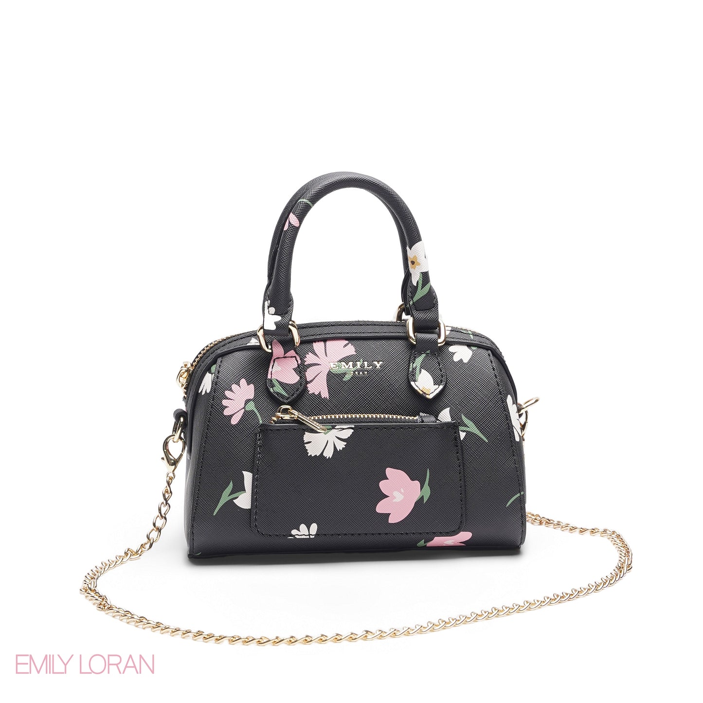 MINI BLACK FLORAL BAG WITH FRONT POUCH & GOLD METAL STRAP