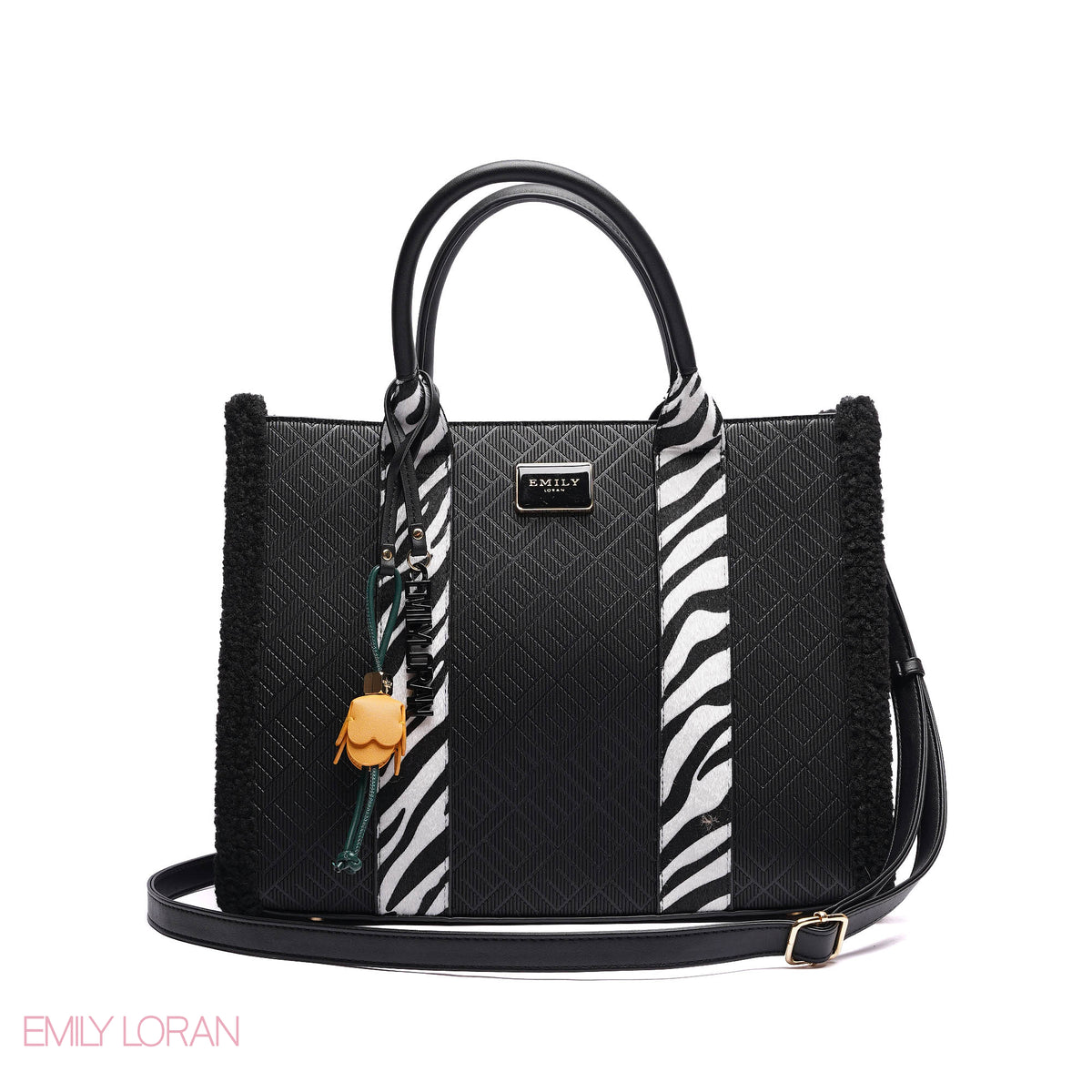 ELEGANT ZEBRA PRINT TOTE BAG WITH FLOWER CHARM - LARGE