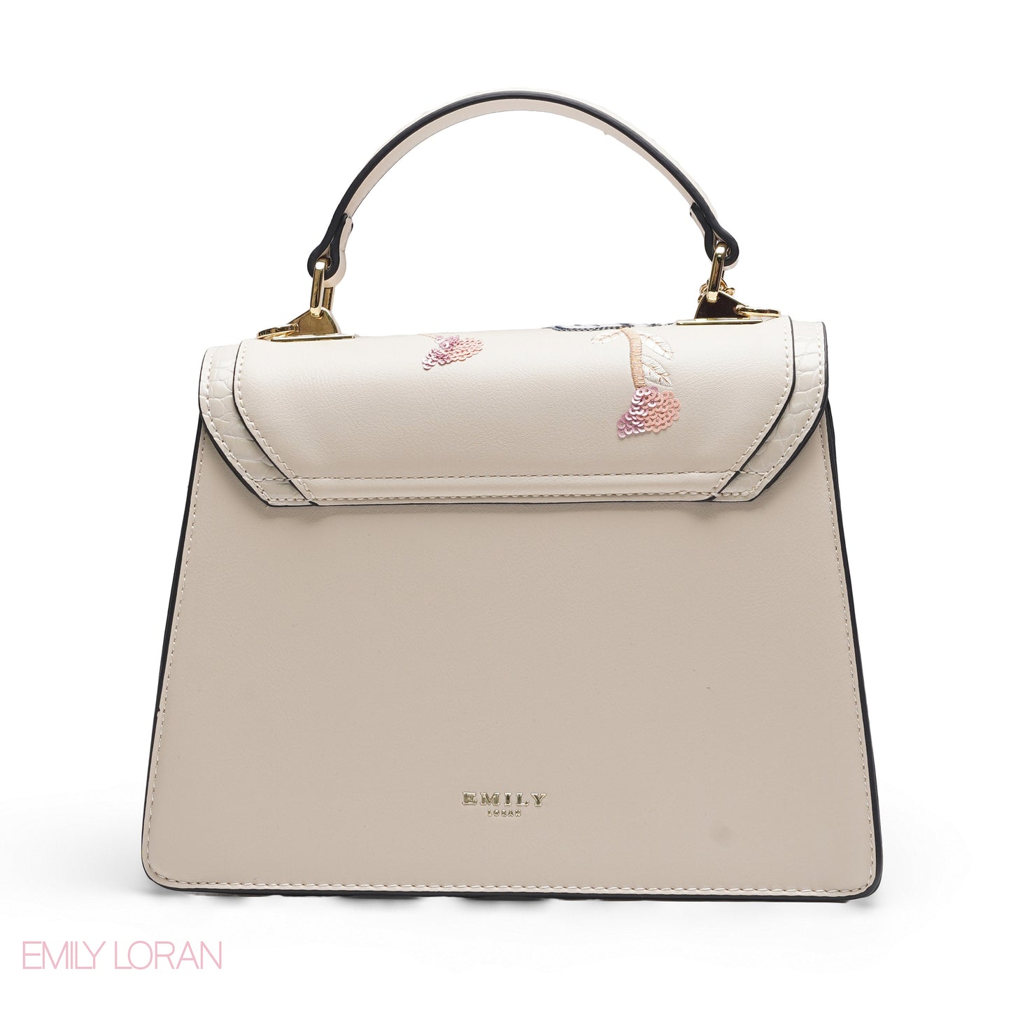 BEIGE SEQUIN FLORAL SATCHEL WITH ROUND POUCH