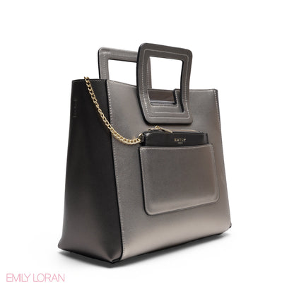SILVER TEXTURED LEATHER TOTE AND POUCH BAG