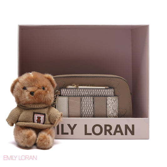 STYLISH PATCHWORK CAMERA BAG SET WITH PLUSH TEDDY CHARM