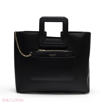 BLACK TEXTURED LEATHER TOTE AND POUCH BAG