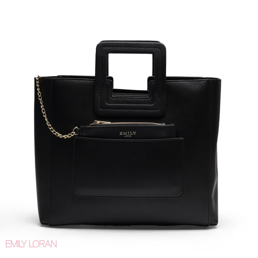 BLACK TEXTURED LEATHER TOTE AND POUCH BAG