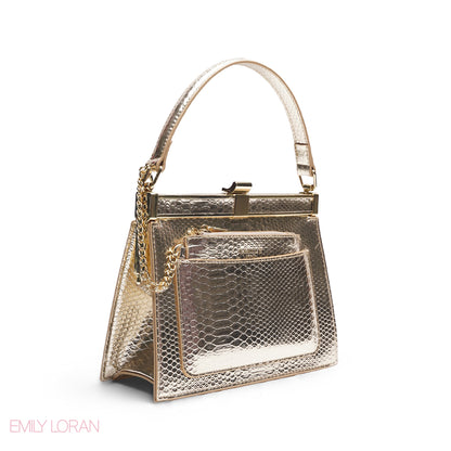 EMILY METALLIC GOLD SNAKESKIN FRAME BAG WITH MINI POUCH - MED