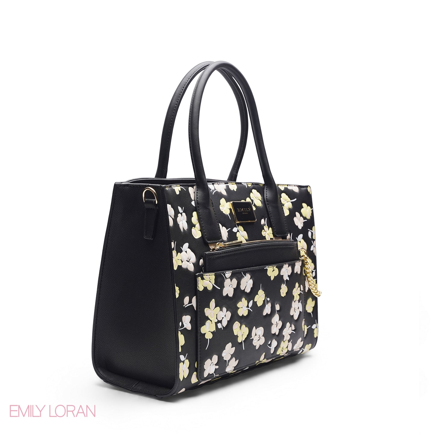 BLACK FLORAL TOTE WITH BLACK POUCH - LARGE