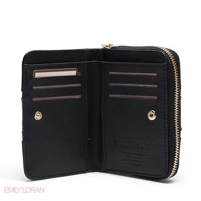 BLACK TRIM EMBOSSED ZIP-AROUND WALLET