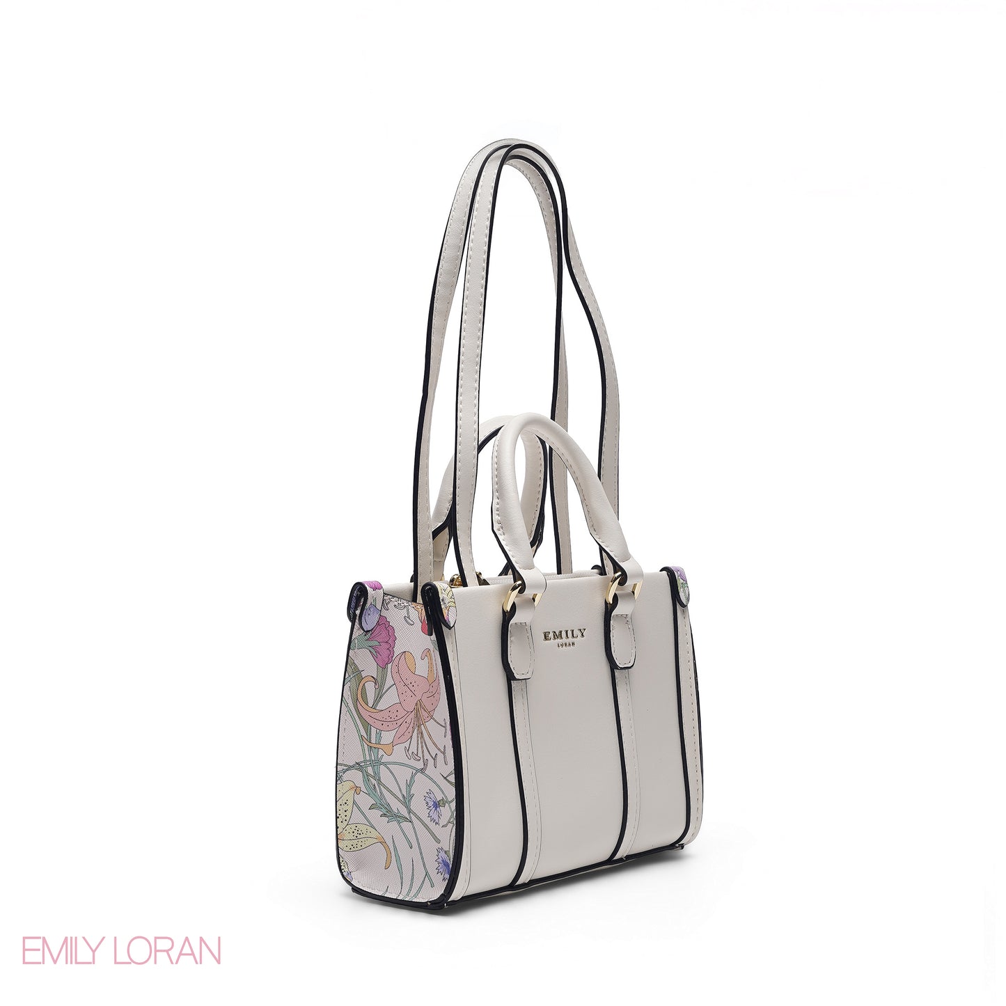 MINI WHITE BAG WITH FLORAL TRIM & GOLD CHAIN