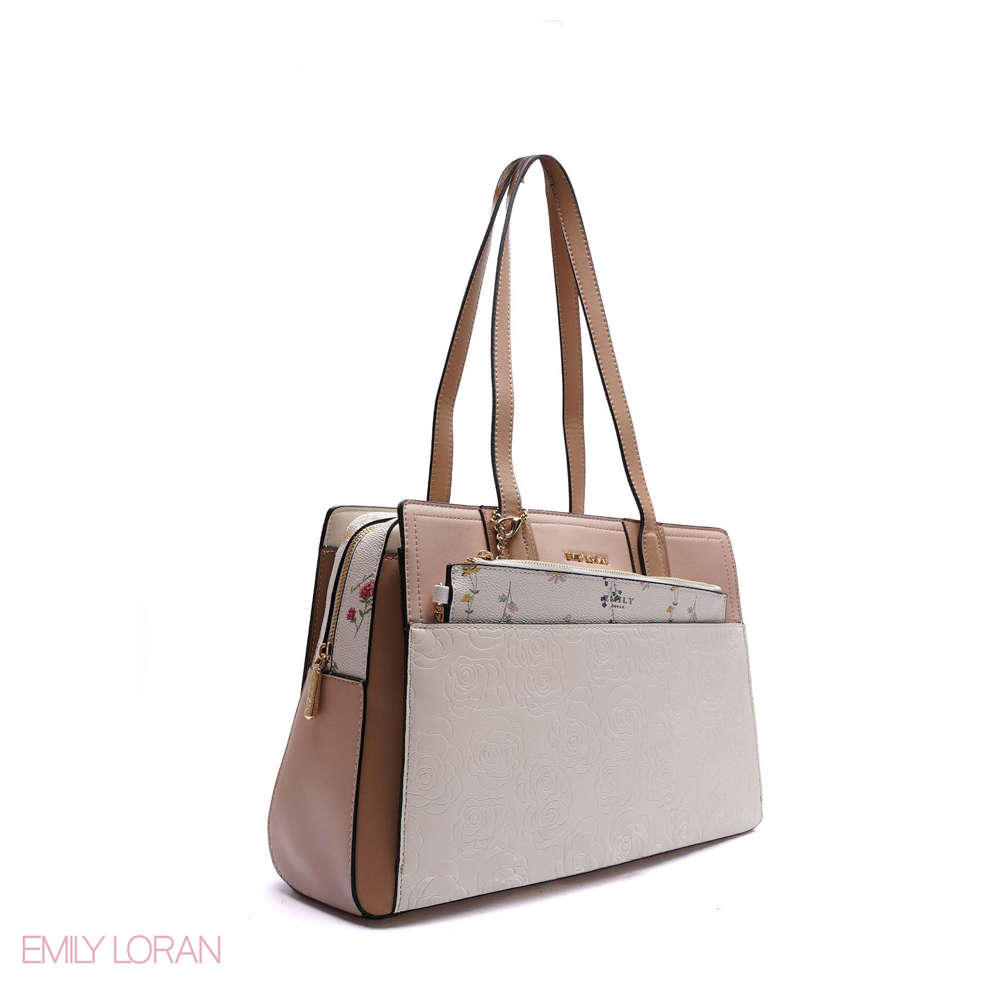 EMBOSSED FLORAL HANDBAG WITH SNAKESKIN POUCH
