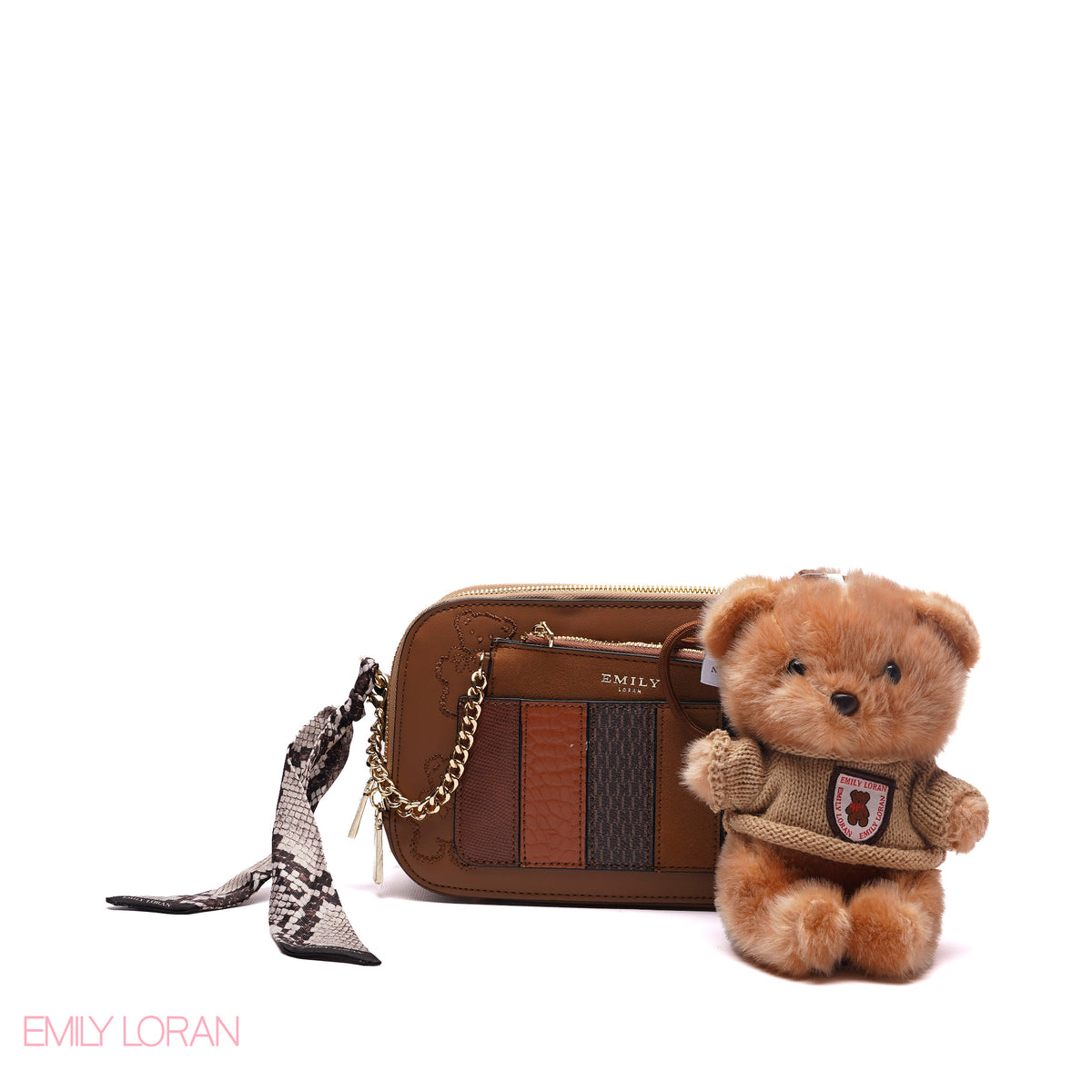 STYLISH PATCHWORK CAMERA BAG SET WITH PLUSH TEDDY CHARM