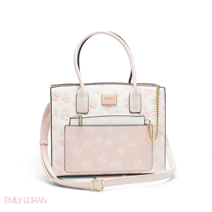 WHITE FLORAL TOTE WITH WHITE POUCH - LARGE