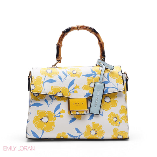 WHITE FLORAL WITH BOMBOO HANDLE SOFT LEATHER - MED