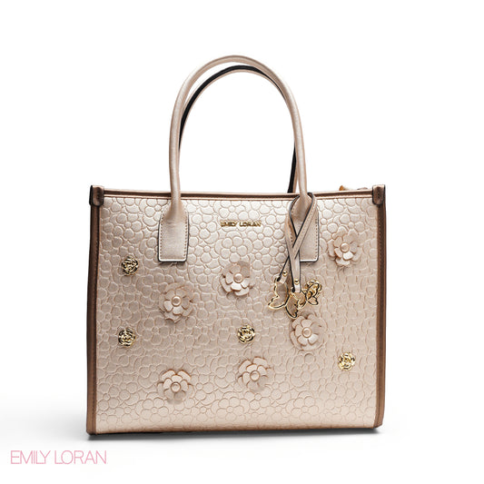 EMBOSSED METALLIC FLORAL TOP HANDLE TOTE BAG