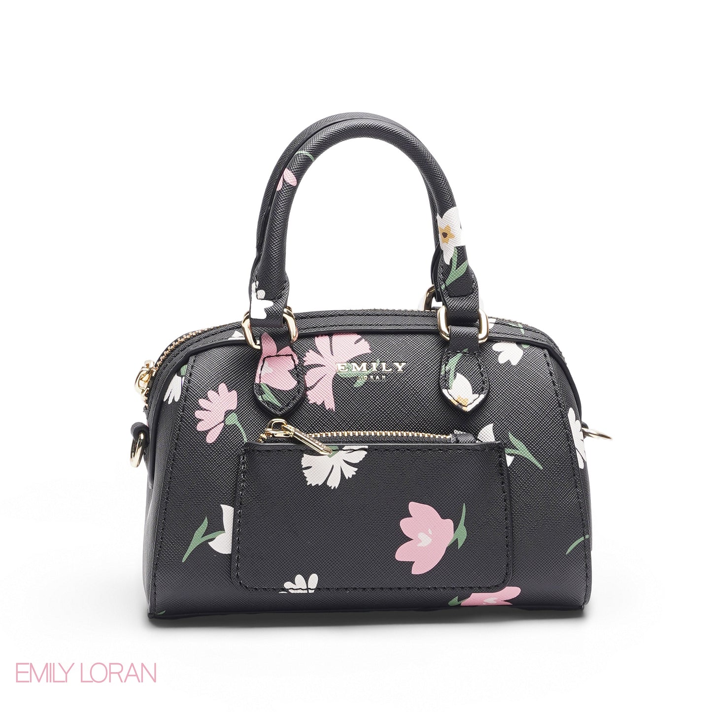 MINI BLACK FLORAL BAG WITH FRONT POUCH & GOLD METAL STRAP