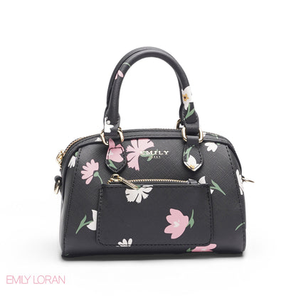 MINI BLACK FLORAL BAG WITH FRONT POUCH & GOLD METAL STRAP
