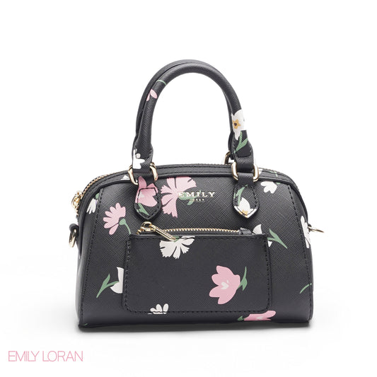 MINI BLACK FLORAL BAG WITH FRONT POUCH & GOLD METAL STRAP