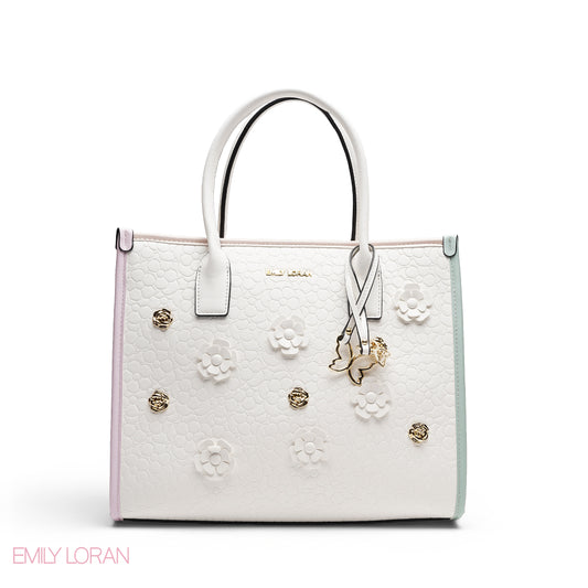EMBOSSED METALLIC FLORAL TOP HANDLE TOTE BAG