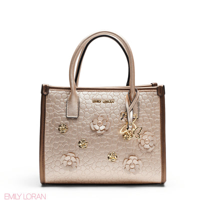 EMBOSSED METALLIC FLORAL TOP HANDLE TOTE BAG - LARGE