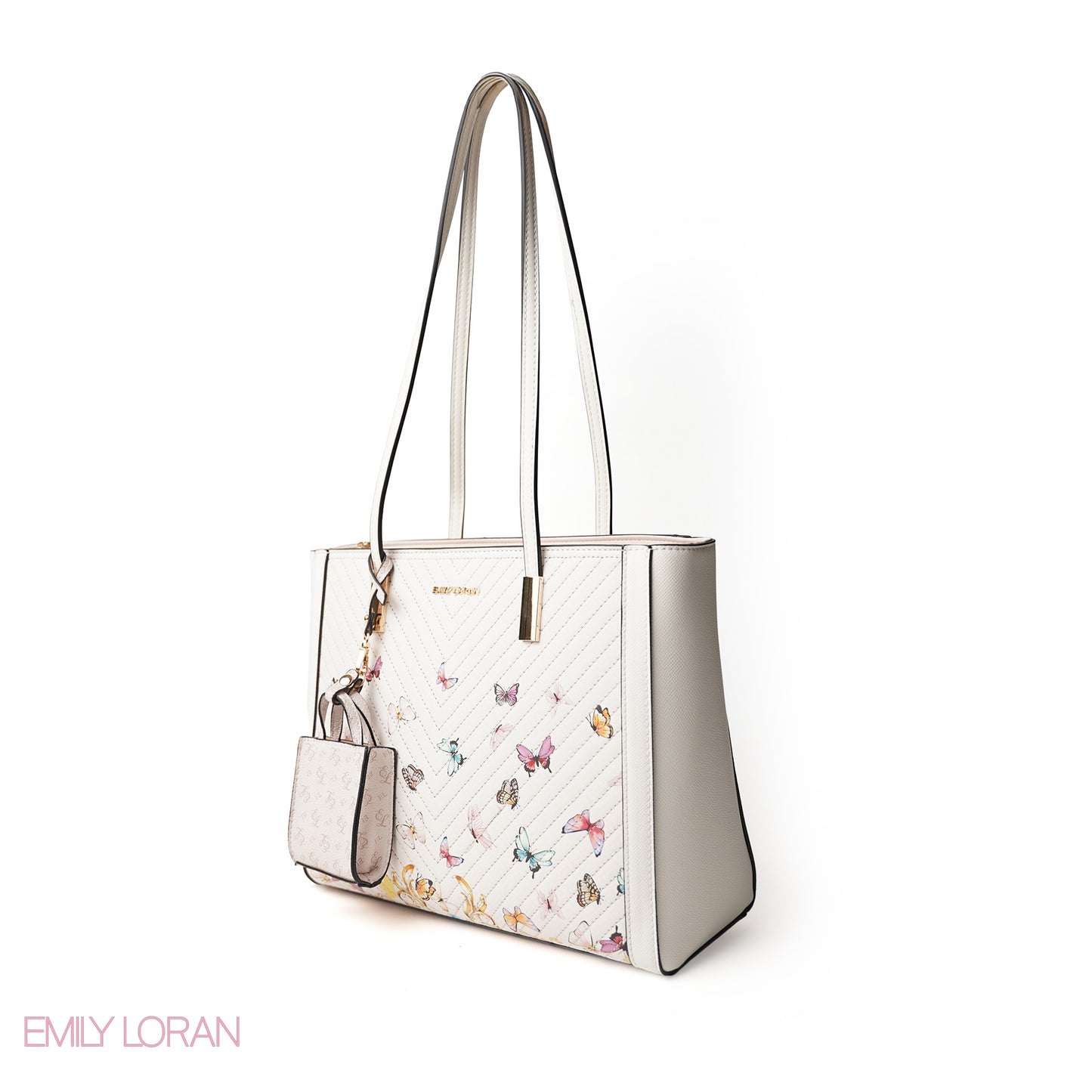 WHITE BUTTERFLY SHOULDER BAG WITH SIMPLE BUFF DETAIL - LARGE