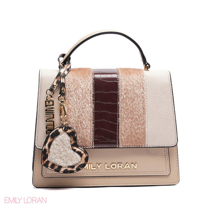 ELEGANT MIXED TEXTURE TOP HANDLE BAG WITH HEART CHARM - MEDIUM