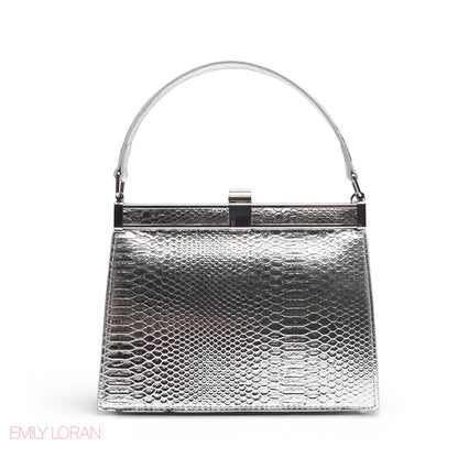 EMILY METALLIC SILVER SNAKESKIN FRAME BAG WITH MINI POUCH - MED