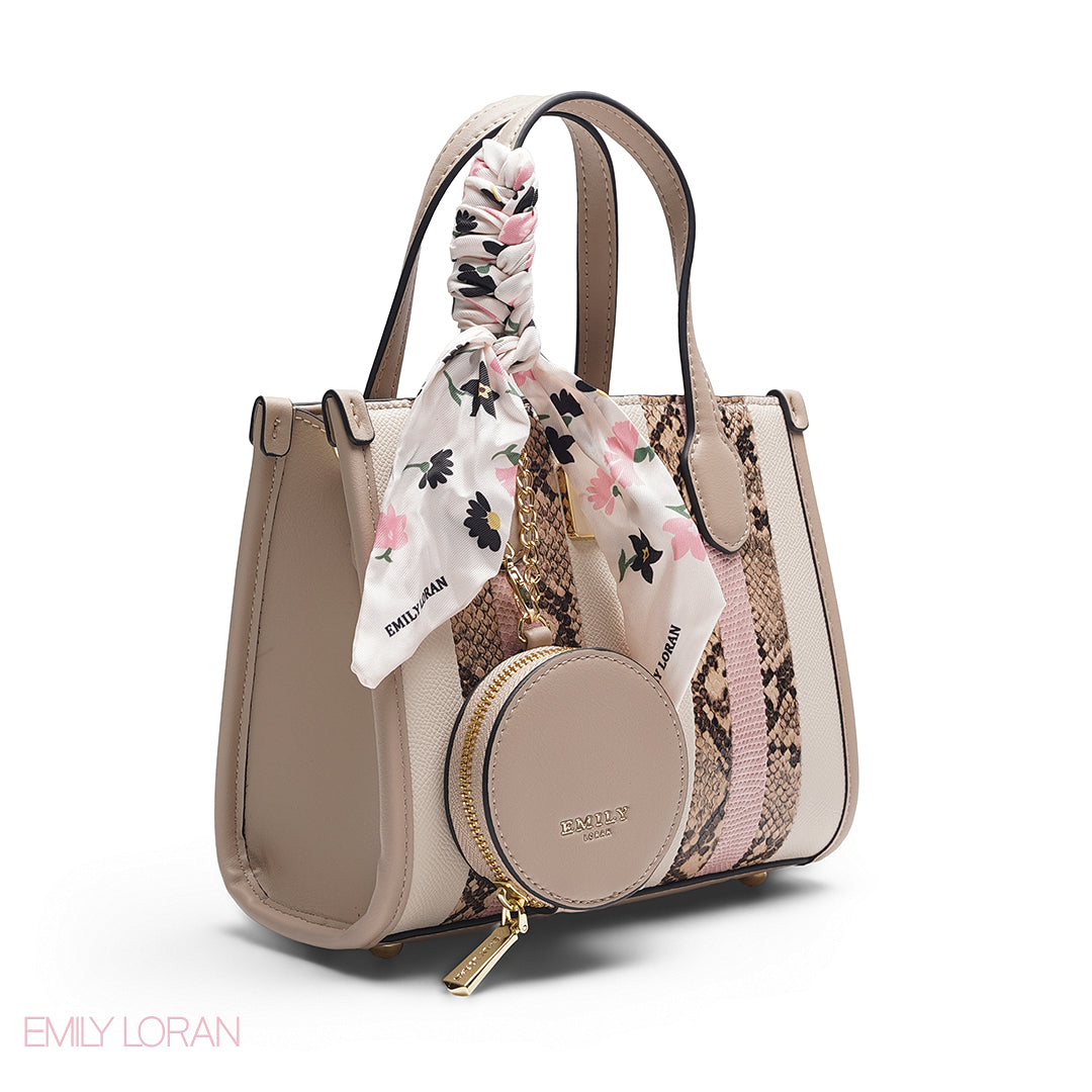 BEIGE FLORAL TOTE WITH PINK DETAILS - SMALL