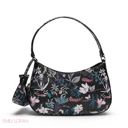 BLACK FLORAL SHOULDER HOBO BAG WITH MINI BAG