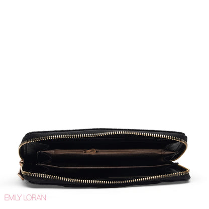 BLACK QUILTED LOGO ZIP-AROUND WALLET