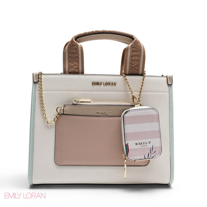STRUCTURED BAG WITH BRANDED HANDLES AND STRIPPED POUCH