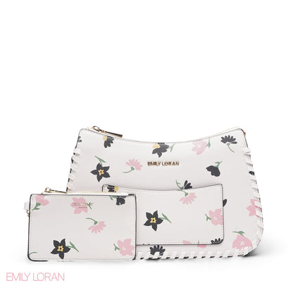 WHITE FLORAL BAG WITH HAND STRAP - MED