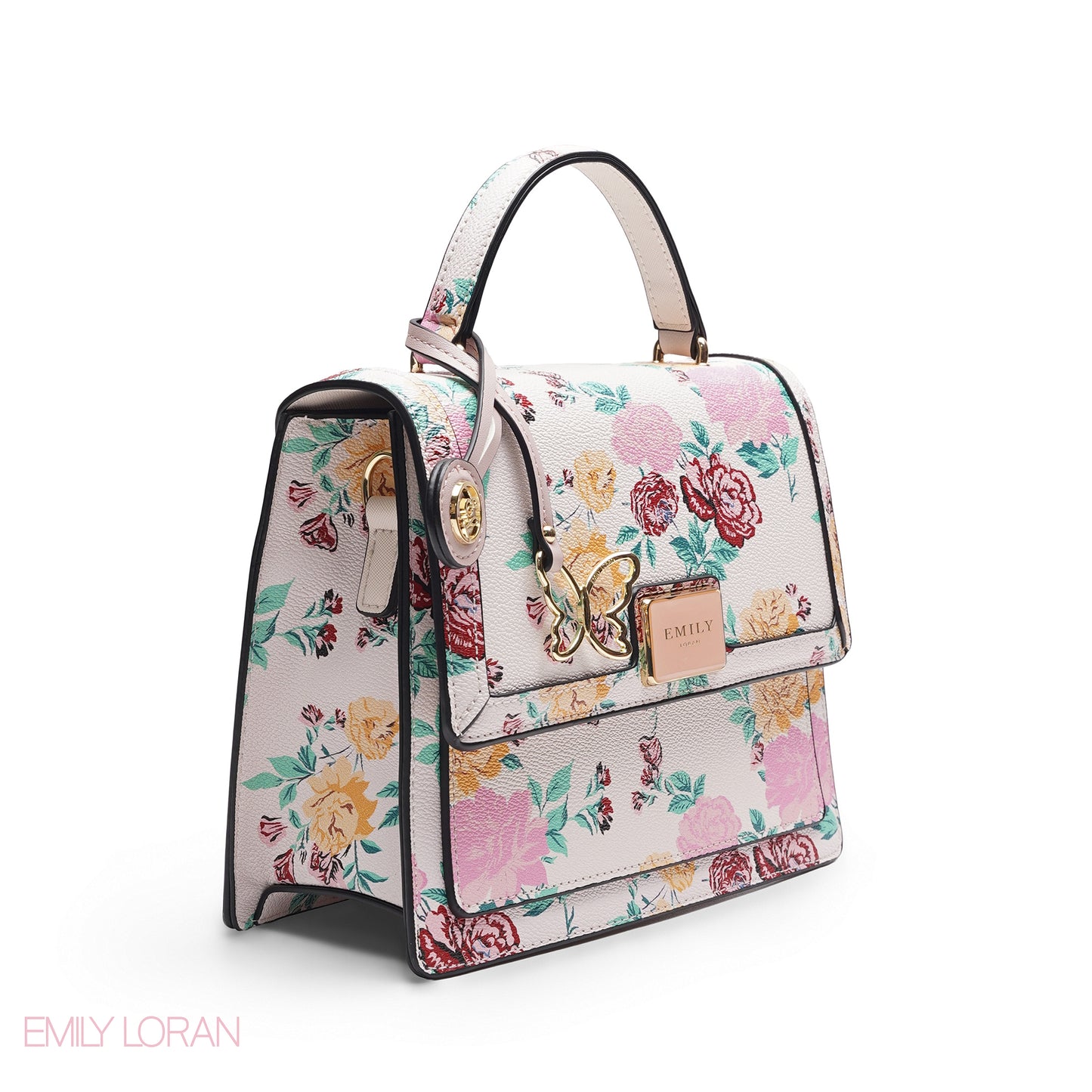 EMILY WHITE FLORAL SATCHEL BAG WITH BUTTERFLY CHARM - MED